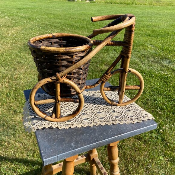 Vintage Bamboo & Wicker TRICYCLE Plant Stand Boho Decor Rattan Bike - Picture 1 of 12